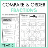 Compare and Order Fractions Year 6 activity pack by The Sydney Teacher featuring overlapping maths maze and maths true or false worksheets with a light green border.