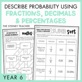 Describe Probability Using Fractions, Decimals, and Percentages Year 6 activity pack by The Sydney Teacher featuring overlapping maths maze and maths super sort worksheets with a light green border.