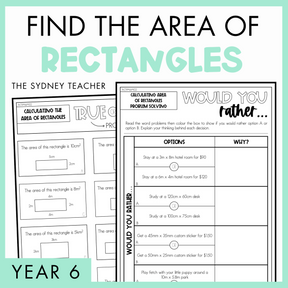 Find the Area of Rectangles Year 6 activity pack by The Sydney Teacher featuring overlapping would you rather and maths true or false worksheets with a light green border.