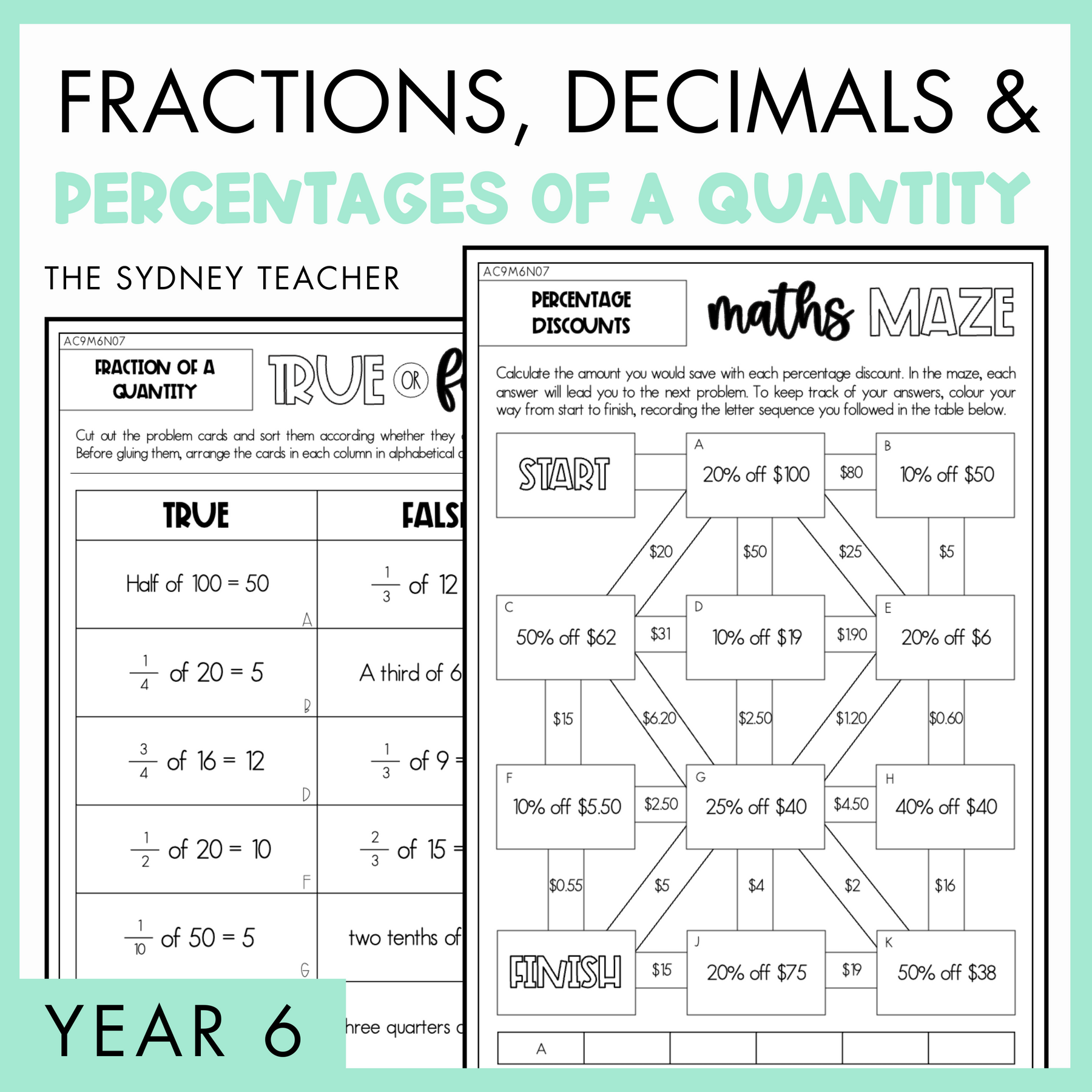 Year 6 Fractions, Decimals and Percentages of a Quantity Year 6 activity pack by The Sydney Teacher featuring overlapping maths maze and maths true or false worksheets with a light green border.