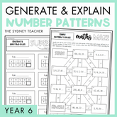 Generate and Explain Number Patterns Year 6 activity pack by The Sydney Teacher featuring overlapping maths maze and maths super sort worksheets with a light green border.
