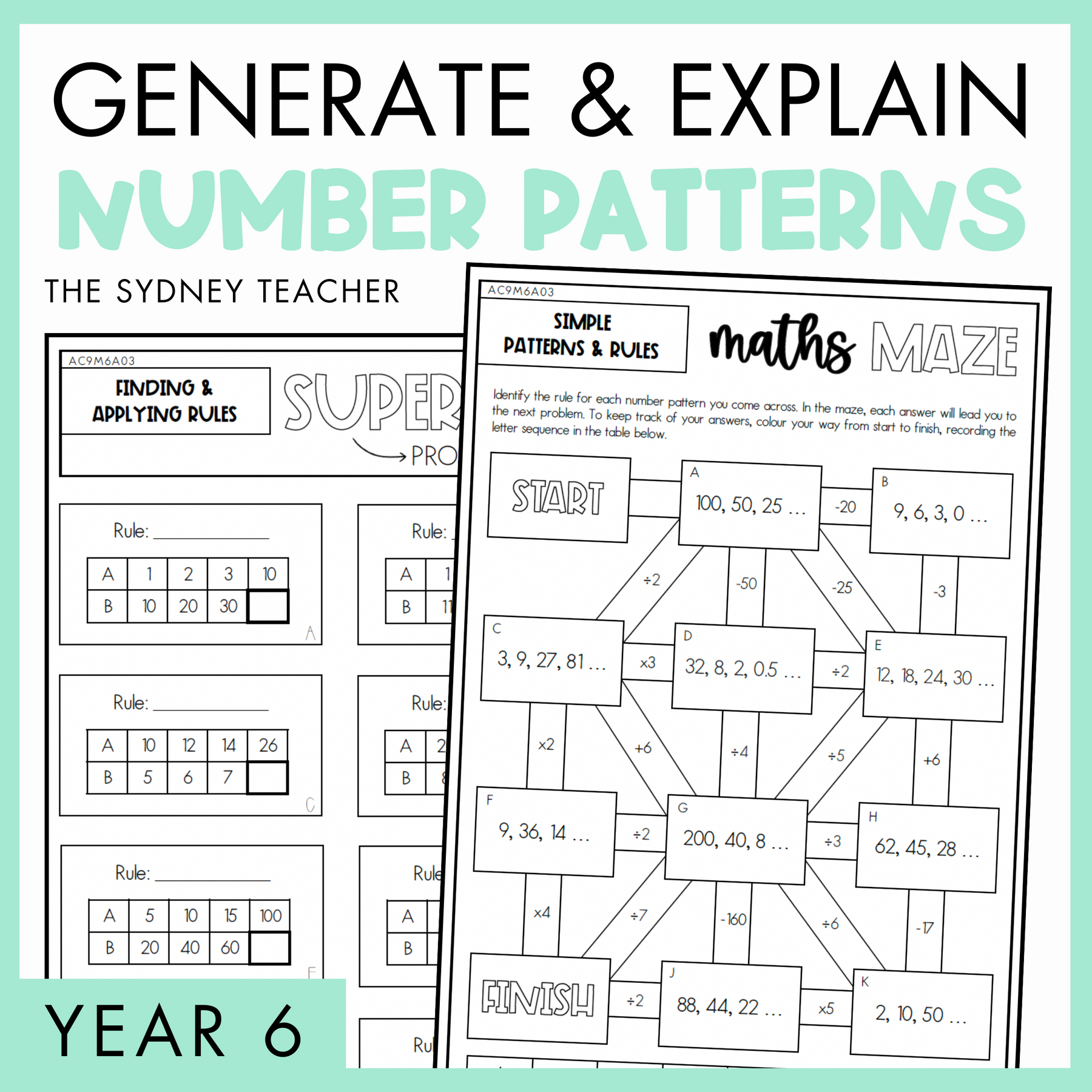 Generate and Explain Number Patterns Year 6 activity pack by The Sydney Teacher featuring overlapping maths maze and maths super sort worksheets with a light green border.
