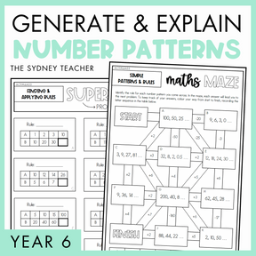 Generate and Explain Number Patterns Year 6 activity pack by The Sydney Teacher featuring overlapping maths maze and maths super sort worksheets with a light green border.