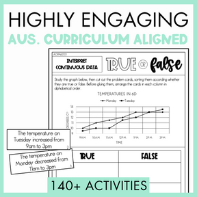 Maths true or false worksheet about interpret continuous data with graph and two problem cards on a light green border with texts 'Highly engaging Australian Curriculum Aligned' and '140+ activities'. 