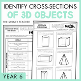 Identify Cross Sections of 3D Objects Year 6 activity pack by The Sydney Teacher featuring overlapping would you rather and maths match worksheets with a light green border.
