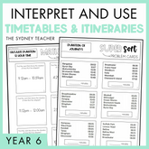 Interpret and Use Timetables and Itineraries Year 6 activity pack by The Sydney Teacher featuring overlapping maths match and maths super sort worksheets with a light green border.
