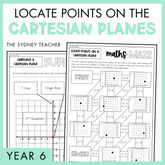 Locate Points on the Cartesian Planes Year 6 activity pack by The Sydney Teacher featuring overlapping maths maze and maths super sort worksheets with a light green border.