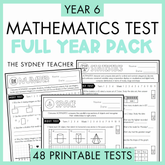 Promotional graphic for a Year 6 Mathematics Full Year Pack printable test bundle by the Sydney Teacher, featuring a light green background with bold black and light green text and previews of several test pages including Number, Statistics, and Space. Below is a banner with text that reads '48 Printable Tests'.