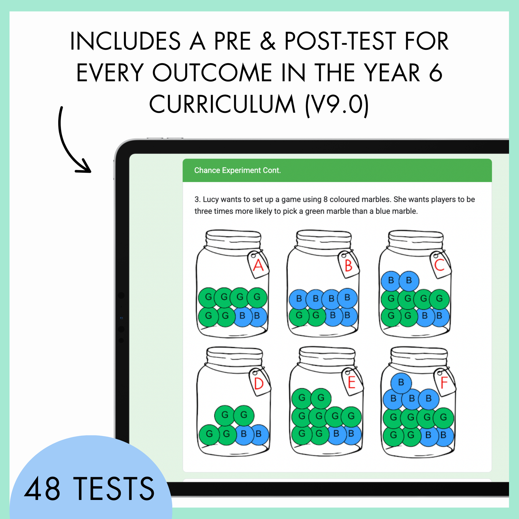 Educational software screen showing a chance experiment content with text about pre and post-tests for Year 6 curriculum. At the top, the text reads 'includes a pre and post-test for every outcome in the Year 6 curriculum (V9.0). At the bottom is a blue half-circle banner with text, '48 tests'. 