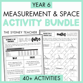 Year 6 Measurement & Space Activity Bundle with two worksheets, true or false and maths maze on a light green background with text that reads '40+ activities' below.