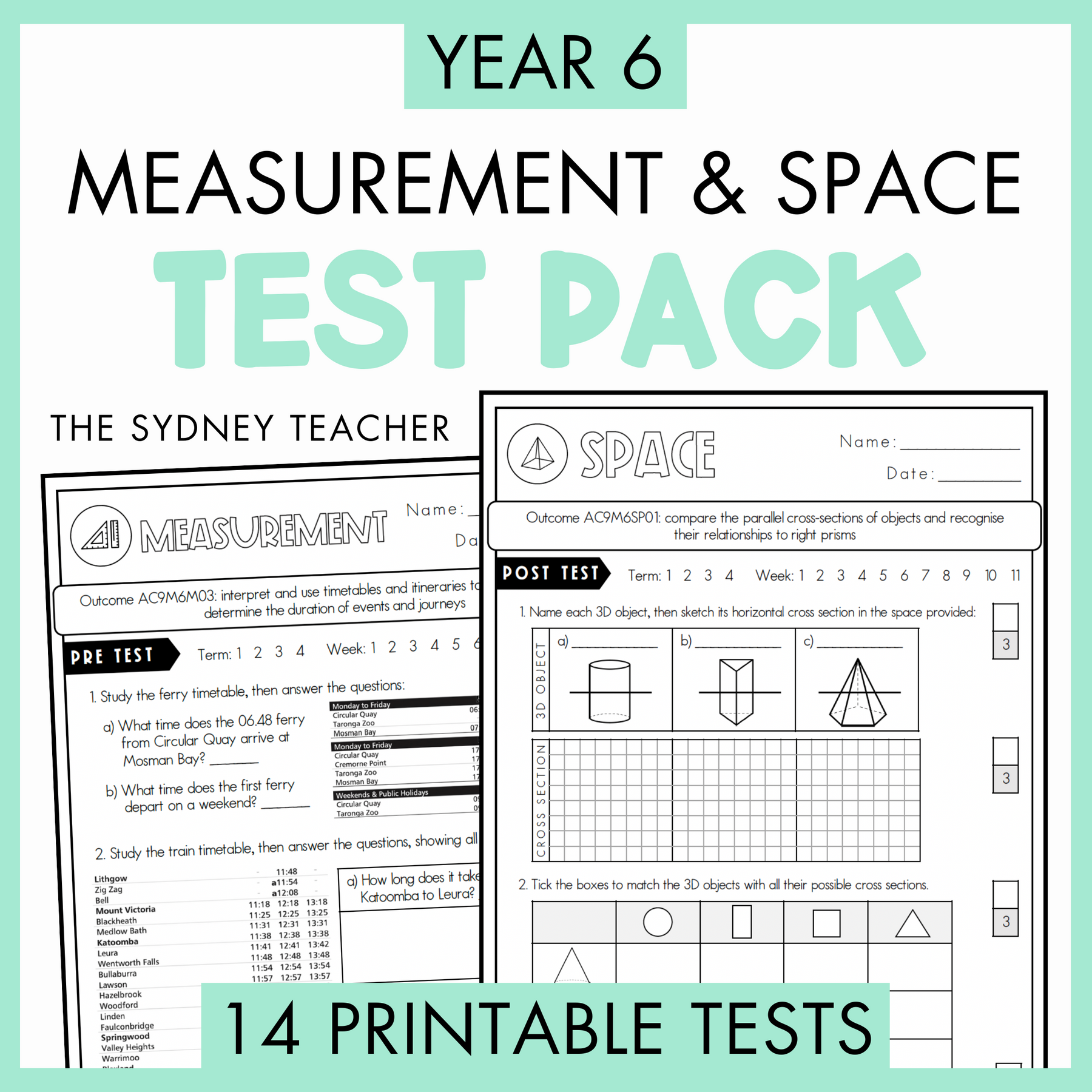 Year 6 Measurement and Space Test Pack with printable tests on a white background with text '14 Printable Tests' below.