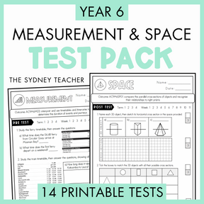 Year 6 Measurement and Space Test Pack with printable tests on a white background with text '14 Printable Tests' below.