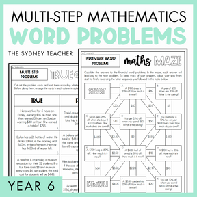 Multi-Step Mathematics Word Problems Year 6 activity pack by The Sydney Teacher featuring overlapping maths maze and maths true or false worksheets with a light green border.