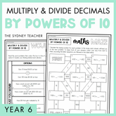Multiply and Divide Decimals by Powers of 10 Year 6 activity pack by The Sydney Teacher featuring overlapping maths maze and maths would you rather worksheets with a light green border.
