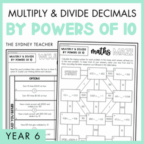 Multiply and Divide Decimals by Powers of 10 Year 6 activity pack by The Sydney Teacher featuring overlapping maths maze and maths would you rather worksheets with a light green border.

