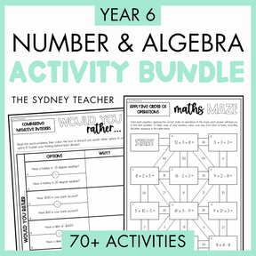 Year 6 Number & Algebra Activity Bundle with two worksheets, would you rather? and maths maze on a light green background with text that reads '70+ activities' below.