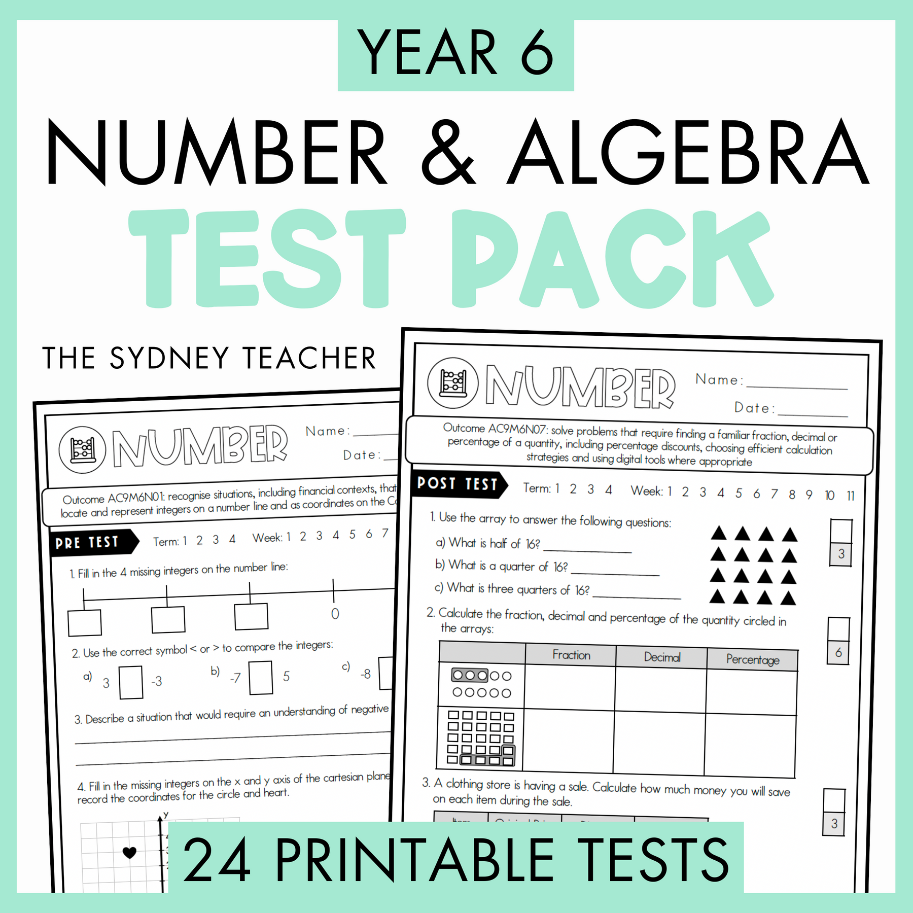 Year 6 Number & Algebra Test Pack with printable tests on a white background with text '24 Printable Tests' below.