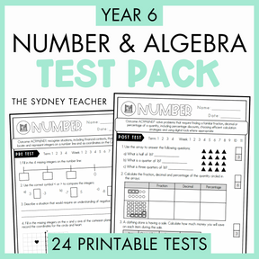Year 6 Number & Algebra Test Pack with printable tests on a white background with text '24 Printable Tests' below.