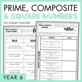 Prime, Composite, and Square Numbers Year 6 activity pack by The Sydney Teacher featuring overlapping maths would you rather and maths true or false worksheets with a light green border.