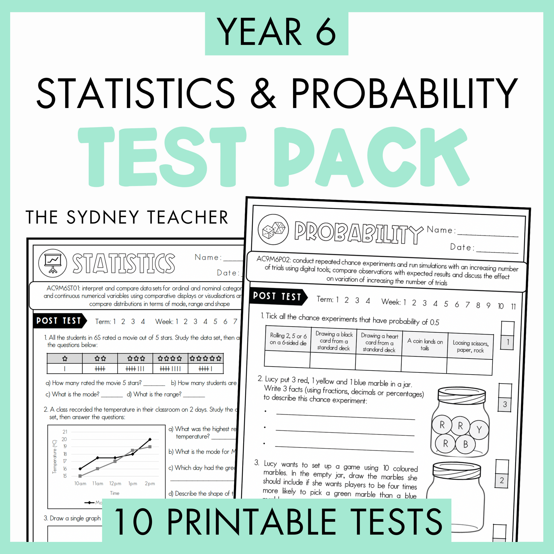 Year 6 Statistics and Probability Test Pack with printable tests on a white background with text '10 Printable Tests' below.