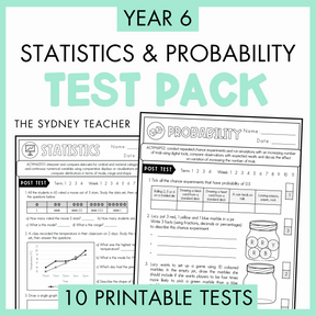 Year 6 Statistics and Probability Test Pack with printable tests on a white background with text '10 Printable Tests' below.