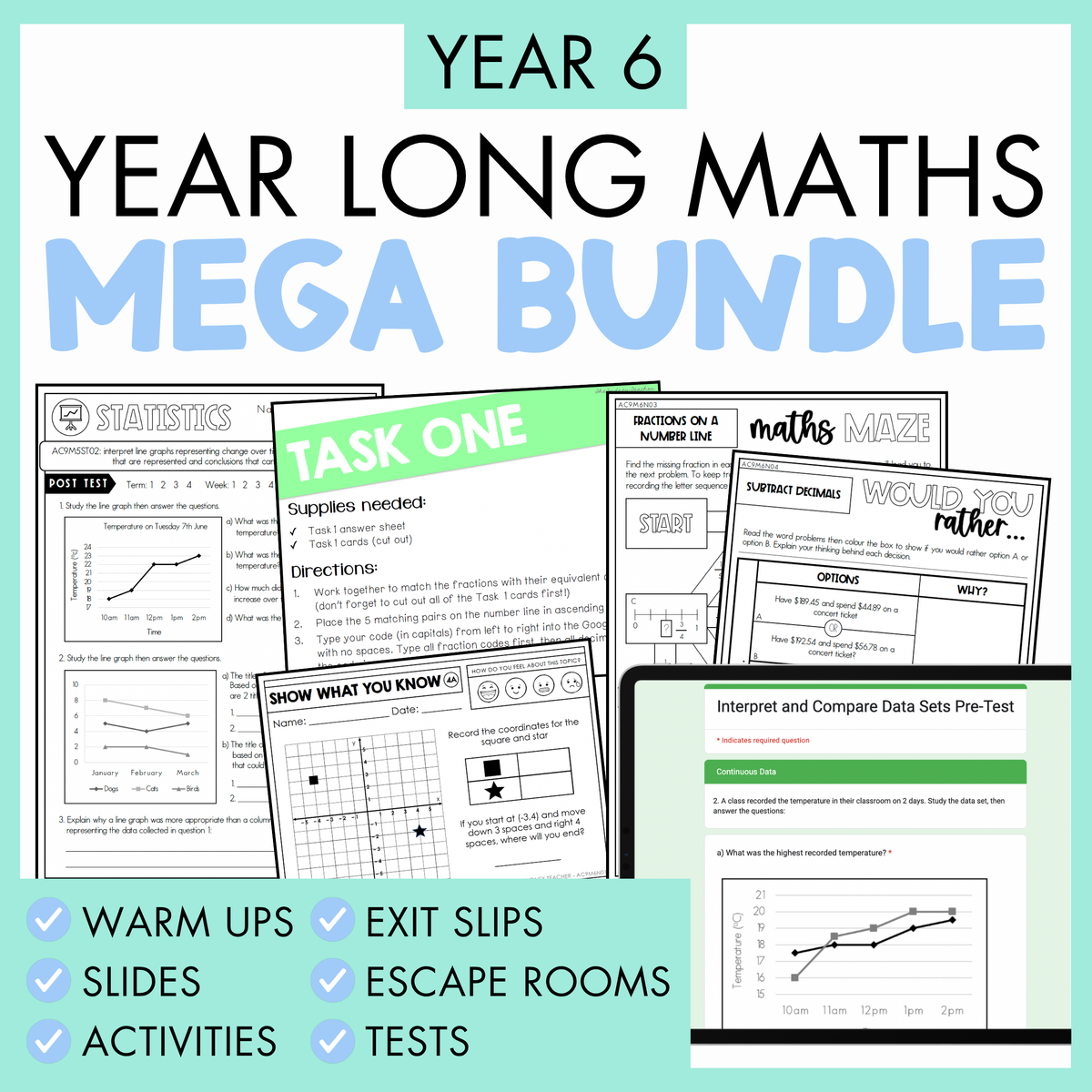Year 6 Maths Mega Bundle with various educational materials on a light blue background. At the bottom is a light green banner with the list of educational resources included in the bundle: warm ups, slides, activities, exit slips, escape rooms, and tests.