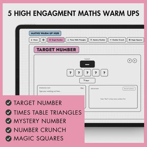 A tablet screen showing the platform of Maths Warm Up Hub. The text above reads '5 High Engaging Maths Warm Ups' with checklist of the games included: Target Number, Times Table Triangles, Mystery Number, Number Crunch, and Magic Squares.