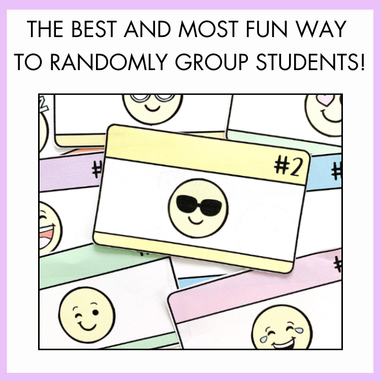 Cartoon-style cards with emojis and text 'the best and most fun way to randomly group students!' on a purple background.